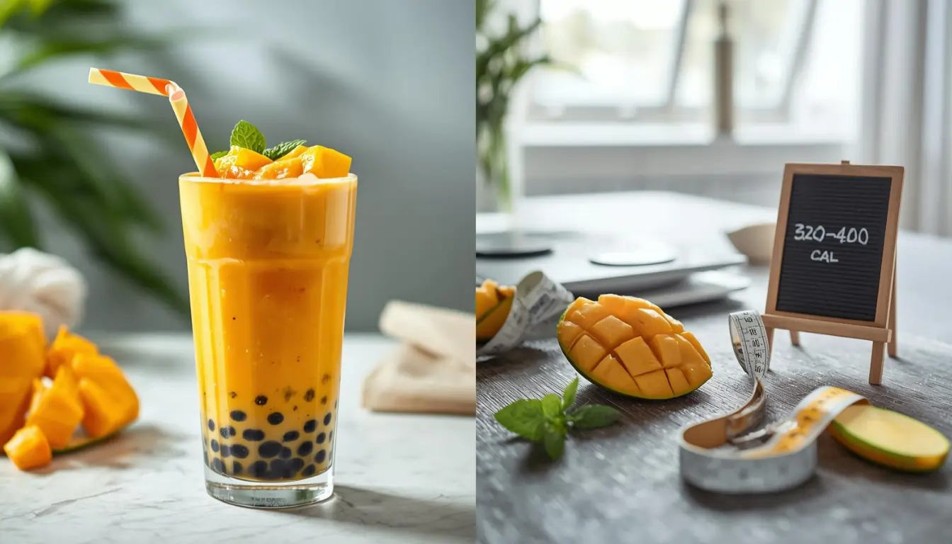 Three tropical bubble tea drinks from Boba-licious on a beachside table, featuring mango and peach flavors with fruit bubbles.